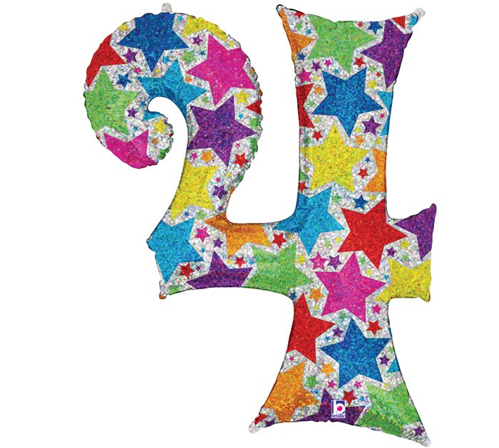 34" Number 4 Holographic Stars Balloon