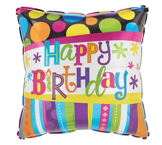 17" HBD Dots Stripes Foil Balloon, [Premier Gifts and Balloons], Balloons, Premier Gifts 'n Balloons