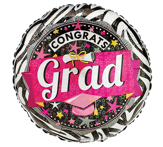 17” Pink Zebra Grad Foil Balloon, [Premier Gifts and Balloons], Balloons, Premier Gifts 'n Balloons