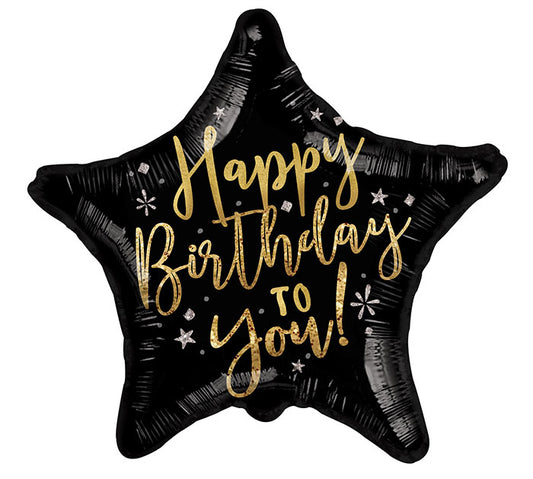 17" HBD Gold Black Star Balloon, [Premier Gifts and Balloons], Balloons, Premier Gifts 'n Balloons