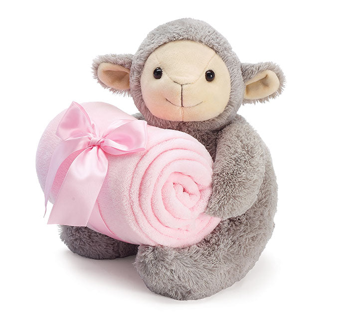 Gray Lamb w/ Pink Blanket Plush, [Premier Gifts and Balloons], Baby Gifts, Premier Gifts 'n Balloons